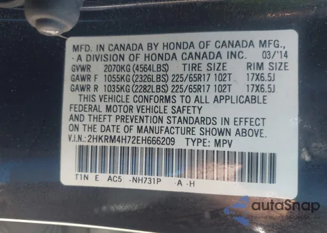 2014 Honda Cr-V Ex-L z USA, uszkodzony, nr VIN 2HKRM4H72EH666209